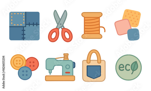 Upcycled Clothes Icons. Flat vector mini-illustrations upcycling old clothes in colors children's