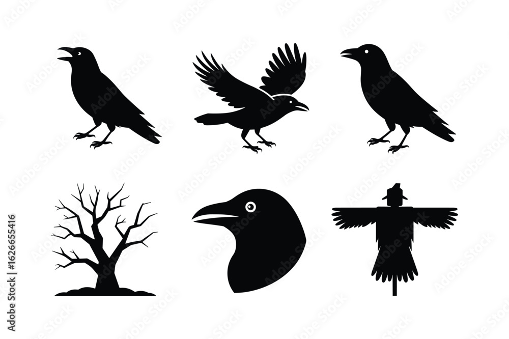 Obraz premium Black crow silhouettes flying perched and a scarecrow with a bare tree raven bird