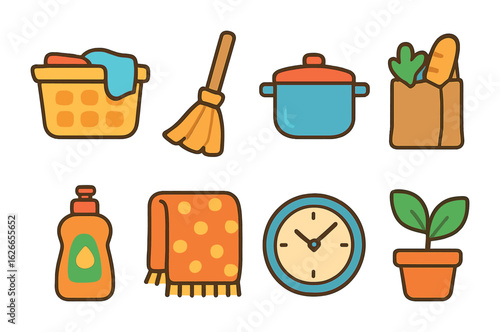 Children's Chore Icons. Flat vector mini-illustrations household chores support in colors children's