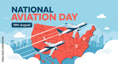 flat illustration banner of National Aviation Day on August 19th, featuring airplanes flying over a map of the USA with an American flag and city skyline in the background