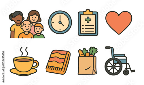 Community Respite Icons. Flat vector mini-illustrations community respite programs in colors children's
