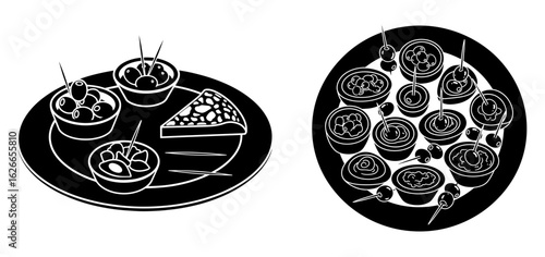 Vector art of plates of assorted appetizers and snacks isolated on white background
