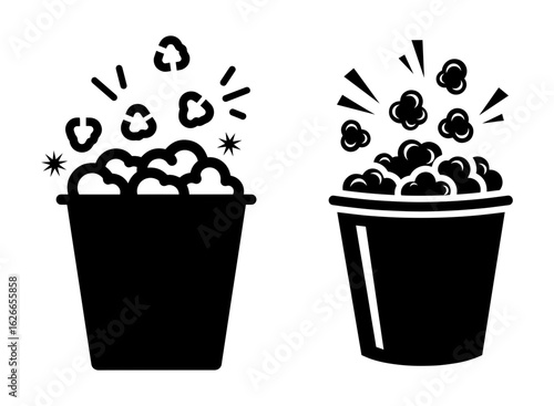 Vector art of two black silhouette icons of popcorn buckets overflowing with popcorn, isolated on white background