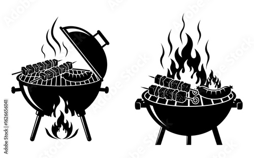 Vector art of barbecue grill with meat and sausage cooking over flames, isolated on white background
