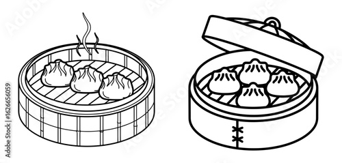 Vector art of dim sum in bamboo steamer basket, isolated on white background