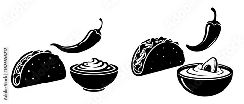 Vector art of mexican food with tacos, chili peppers, and dips isolated on white background