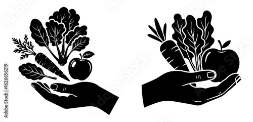 Vector art of hands holding fresh vegetables and fruits like apple, carrot, and spinach isolated on white background