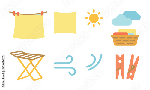Air Drying Fun. Flat vector mini-illustrations air drying bed linens in colors children's illustrations: