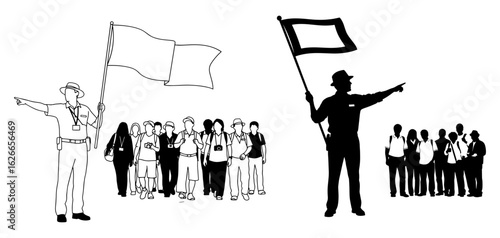 Vector art of tour guide leading a group of tourists with a flag, isolated on white background