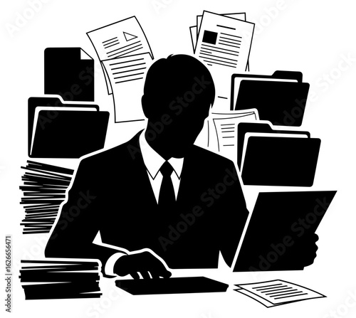 Vector art of man working at a desk surrounded by files and documents, isolated on white background