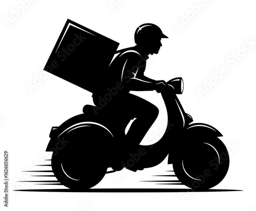 Vector art of silhouette of a delivery person riding a scooter with a box on the back, isolated on white background