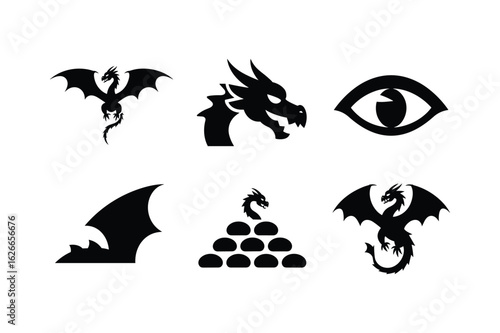 Black dragon silhouettes and eye symbol bat wing fantasy