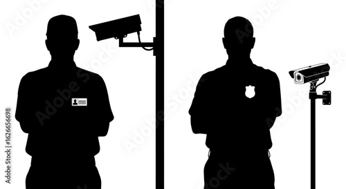 Vector art of security guards with surveillance cameras, isolated on white background