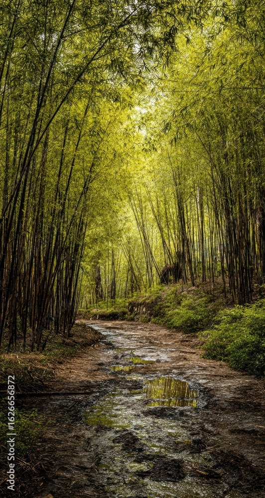 Fototapeta premium Sunlight filters through a vibrant bamboo forest path