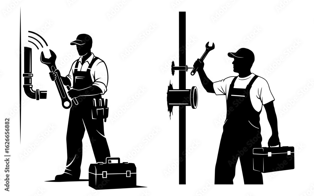 Obraz premium Vector art of plumber working on pipes with a wrench, isolated on white background