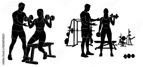 Vector art of fitness trainer guiding woman during workout with dumbbells isolated on white background