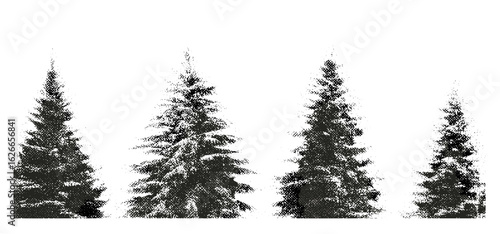Retro stipple effect Christmas trees with gritty, grainy vintage photocopy texture. Trendy vector collage design for grunge punk banners, posters, social media, winter holiday backgrounds