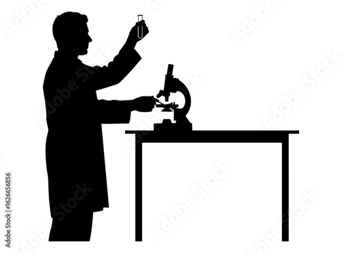 Vector art of scientist examining a test tube in a laboratory with a microscope, isolated on white background