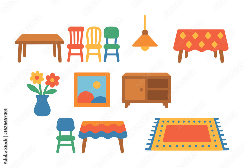 Obraz premium Eclectic Dining Icons. Flat vector mini-illustrations eclectic dining area in colors children's illustrations: