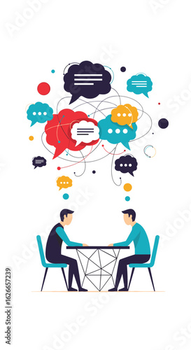 Understanding collaborative communication through thought bubbles and connecting ideas between two people sitting at a table