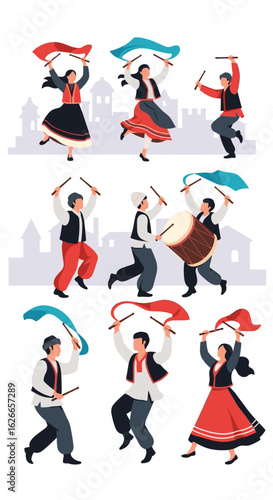 Traditional folk dance performance with colorful ribbons and drumming in a historic city landscape