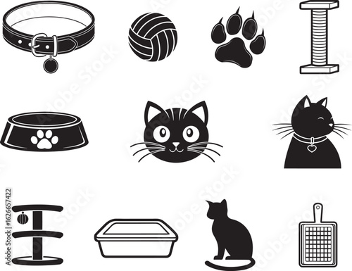 Essential Cat Care and Pet Accessories Icon Set