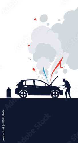 Automotive engine troubles visualized with smoke and distress signals a mechanic inspects the vehicle