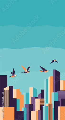 A flock of birds soaring high above a colorful modern cityscape under a bright blue sky