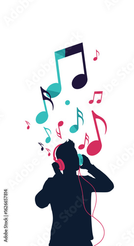 Enjoying the vibe of musical notes emerging from headphones listening to music