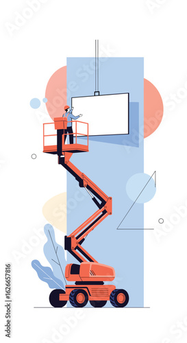 Construction worker on aerial work platform installing advertising board on building facade using crane equipment