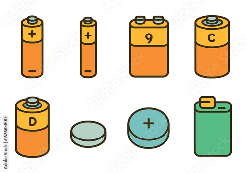 Colorful Battery Icons. Flat vector mini-illustrations common battery types in colors children's illustrations