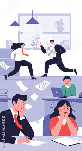 Overworked employees facing difficult tasks and stressful office environment during busy workday