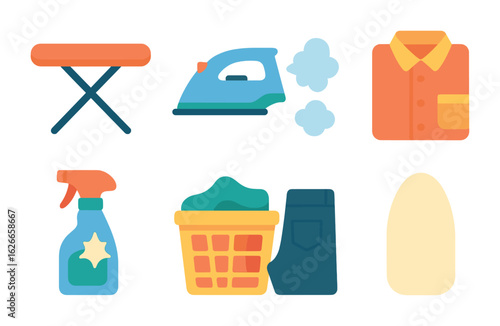 Children's Ironing Illustrations. Flat vector mini-illustrations ironing clothes in colors children's