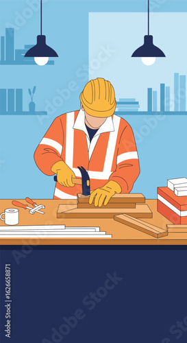 Skilled worker meticulously measures and cuts wood with a hand saw and hammer for precise carpentry projects