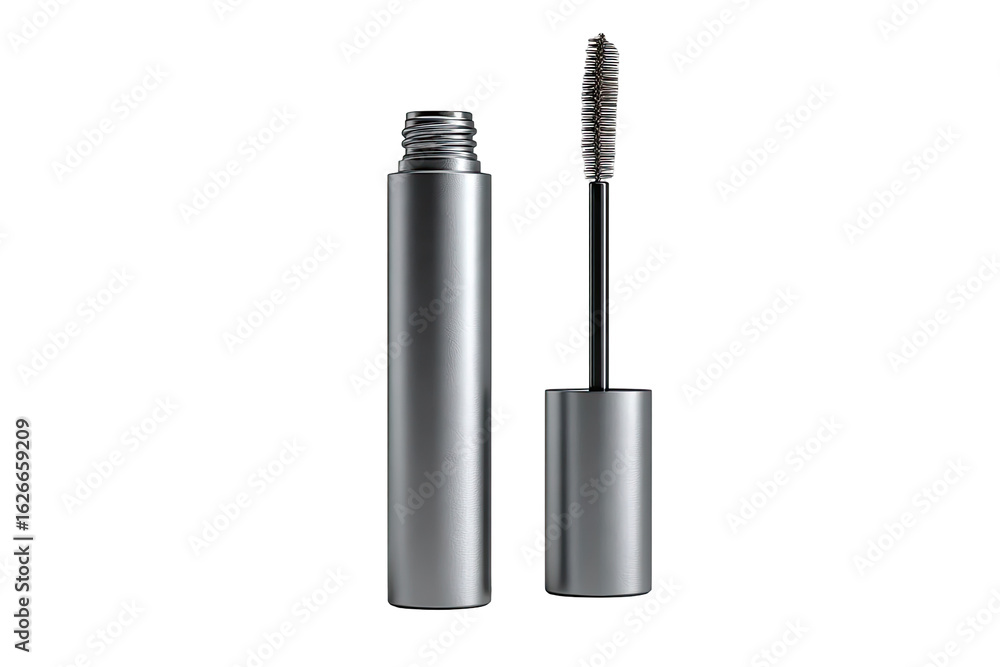 Fototapeta premium Silver mascara tube with brush. A metallic silver mascara bottle, cylindrical in shape, is depicted. The cap is slightly separated, revealing the dark black mascara wand