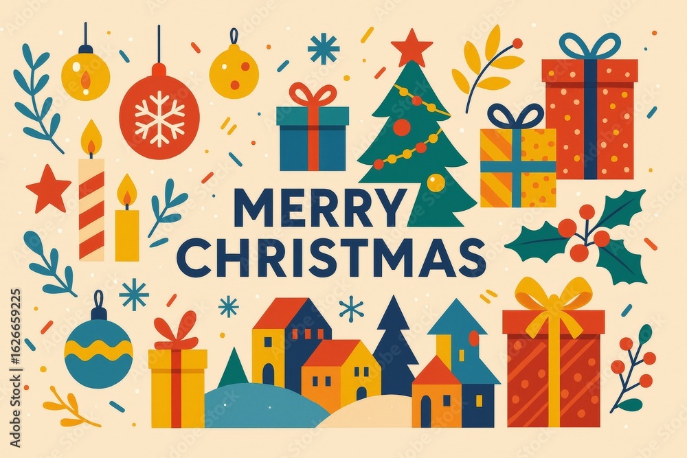 Obraz premium Christmas ornaments hanging, wrapped gifts, decorated christmas tree, and charming village houses covered in snow create a warm and festive holiday atmosphere