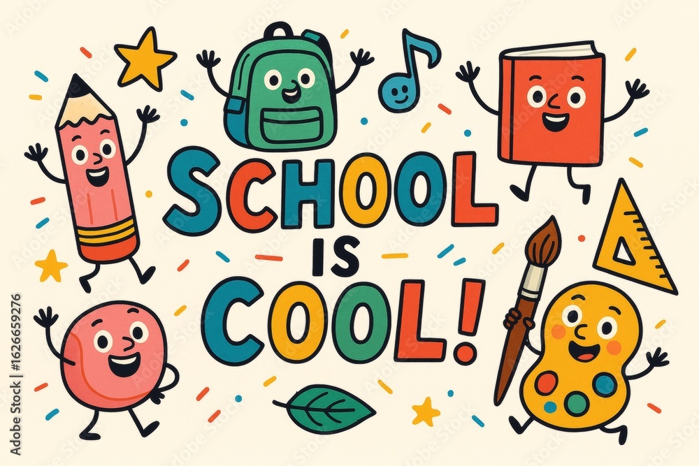 Fototapeta premium Cartoon school supplies personified, jumping with joy, symbolizing student excitement and academic energy through vibrant, playful illustration