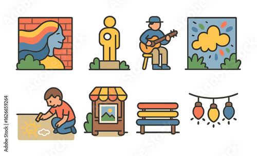 Vibrant Urban Art Icons. Flat vector mini-illustrations Urban art in pedestrian zones in colors children's