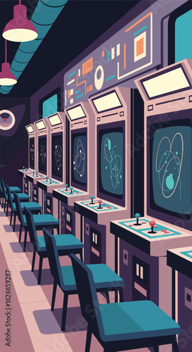Retro arcade game hall with rows of vintage play machines and chairs waiting for players