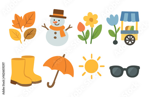 Seasonal Fun Icons. Flat vector mini-illustrations Seasonal pedestrian zones in colors children's