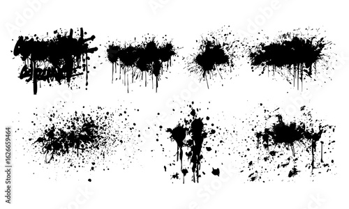 Graffiti splatter and stain silhouettes, street art stencil textures, dirty paint brush strokes, watercolor splash effects, spray and drip patterns, grunge banners, doodle sketches, framed urban art