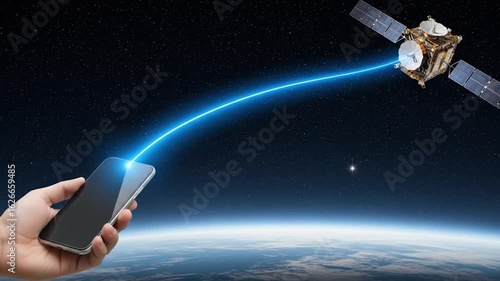 a video of a hand holding a smartphone connected to a satellite, satellite communication, technology, network, internet