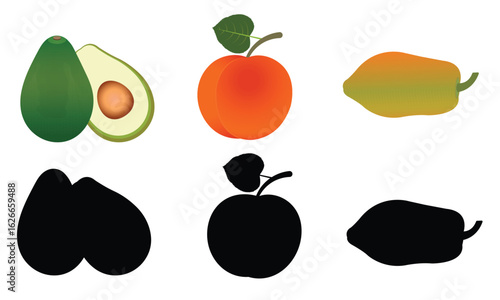 Fruit icons featuring avocado, apricot, and papaya in colorful detail and solid black silhouette styles. Isolated on white background, perfect for packaging, food design, and educational materials.