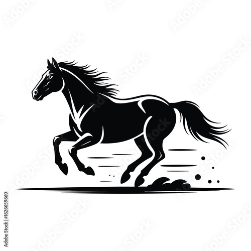 Majestic black horse galloping silhouette isolated on white background