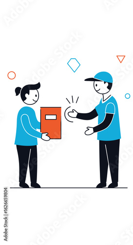 Customer receiving package from delivery person service interaction and transaction business fulfillment