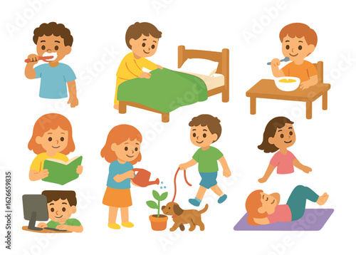 Children's Daily Routine Icons. Flat vector mini-illustrations Daily routine activities in colors children's