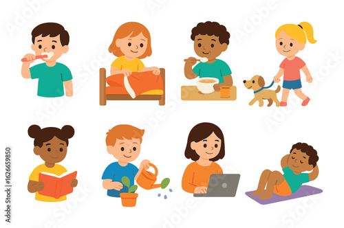 Children's Daily Routine Icons. Flat vector mini-illustrations Daily routine activities in colors children's