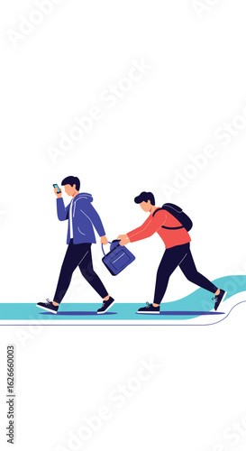 Young person walking distracted by phone while another person tries to steal their bag