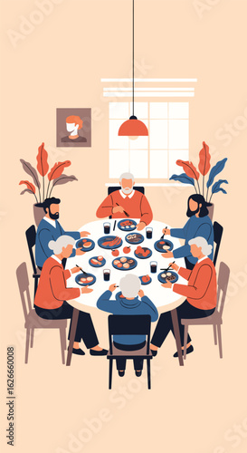 A multi generational family gathers together around a circular dining table enjoying a meal