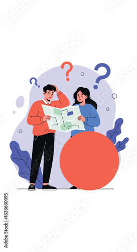 Confused couple studying a map seeking directions on a journey facing uncertainty and doubt